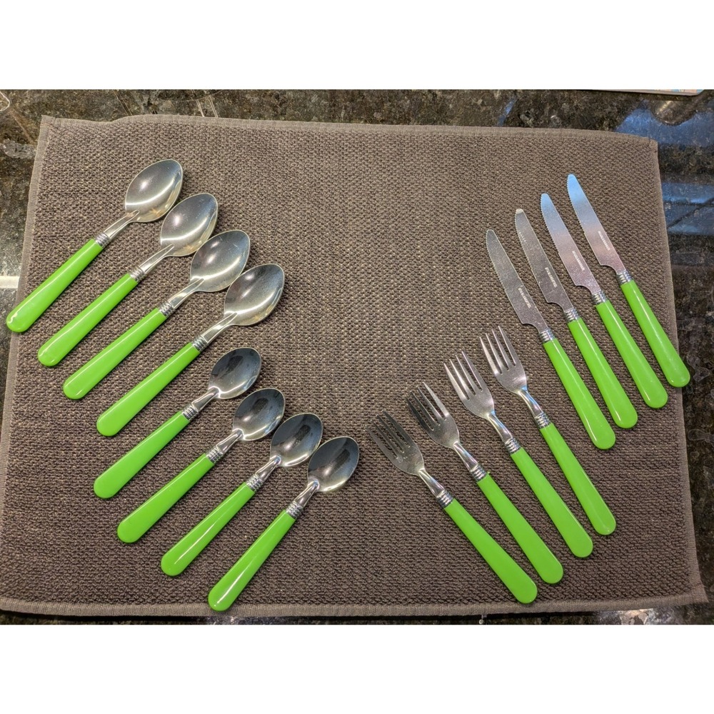 16-Pc Stainless Steel Flatware Set Lime Green Triple-Ring Bolster Handles
